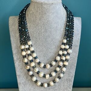 Triple Strand Fresh Water Pearl Blue Glass Necklace